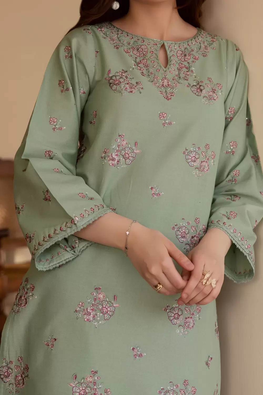 Aroosh Embroidered 2-Piece Sage Green Lawn Suit - thumbnail 4