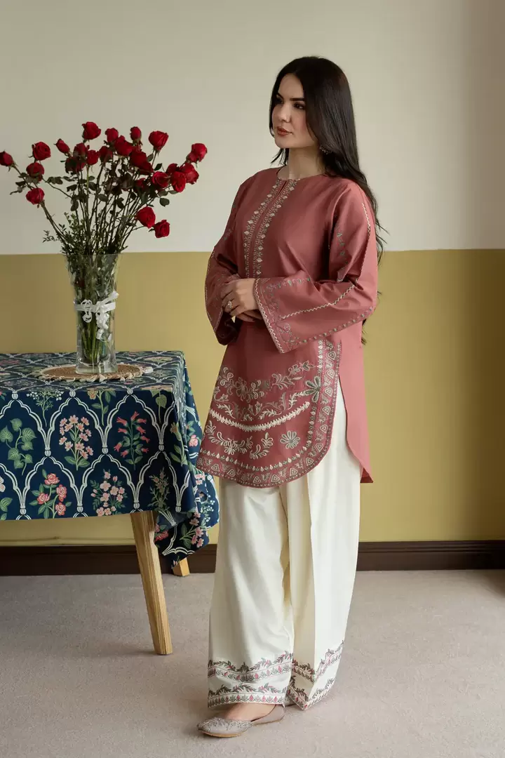 Falak Embroidered 2-Piece Rose & Off-White Lawn Set