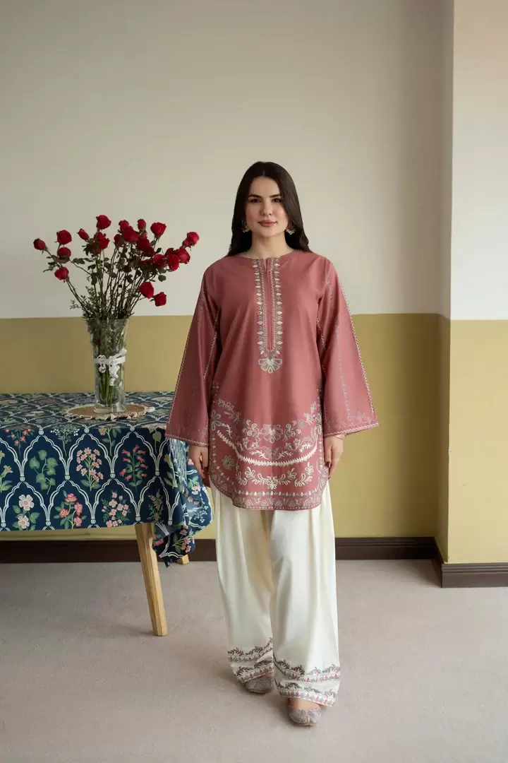 Falak Embroidered 2-Piece Rose & Off-White Lawn Set - thumbnail 3