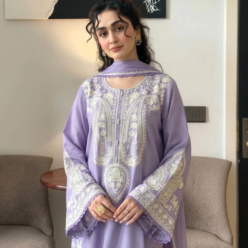 Aafreen Embroidered 3-Piece Lilac Cotton Lawn Suit - thumbnail 4