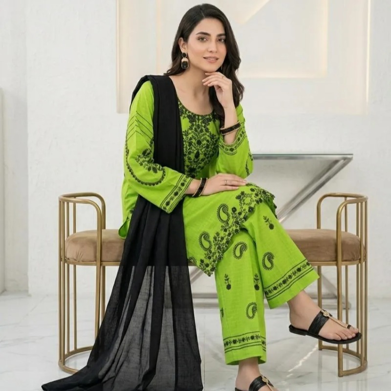 Green Embroidered 3-Piece Cotton Lawn Suit for Women - thumbnail 2