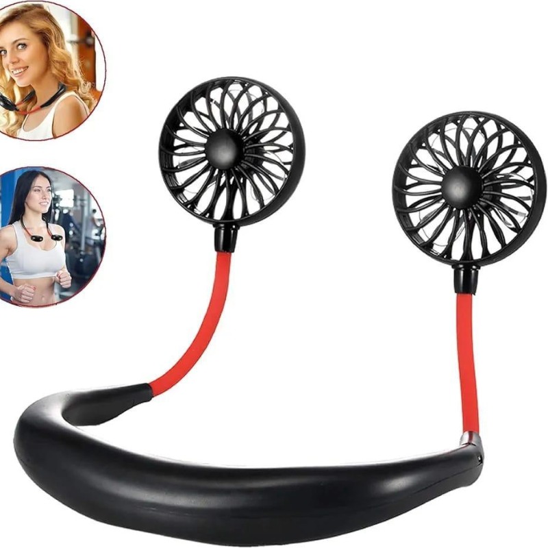 Neck Fan Dual Cooling Black Red Adjustable ABS
