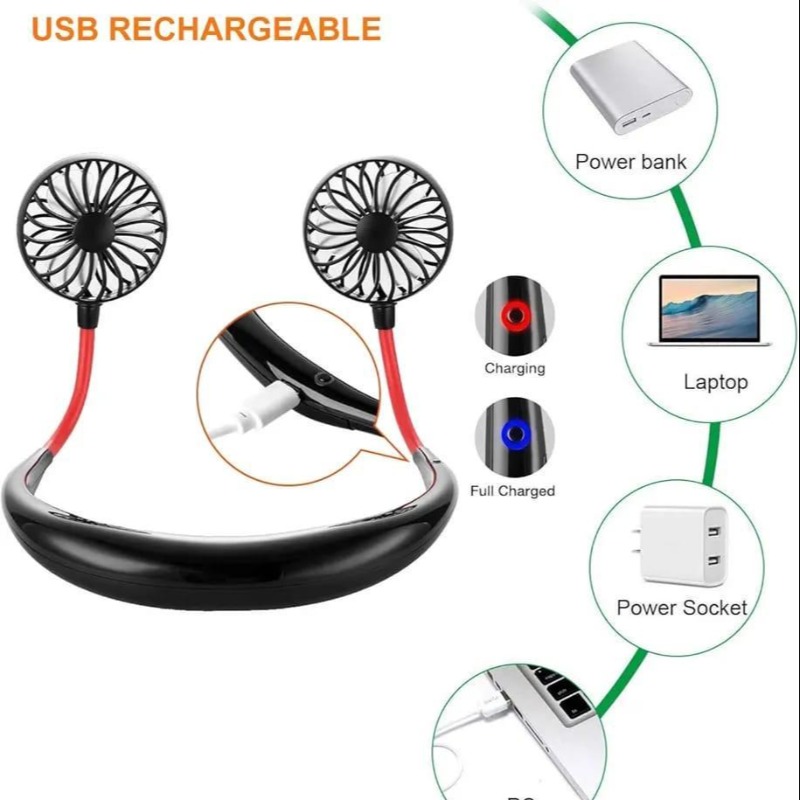 Neck Fan Dual Cooling Black Red Adjustable ABS - thumbnail 2