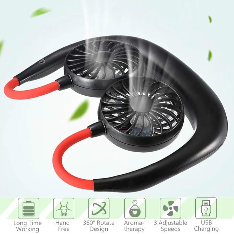 Neck Fan Dual Cooling Black Red Adjustable ABS - thumbnail 3