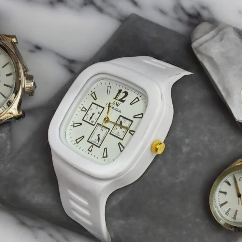 White Square Analog Watch with Gold Accents for Men
