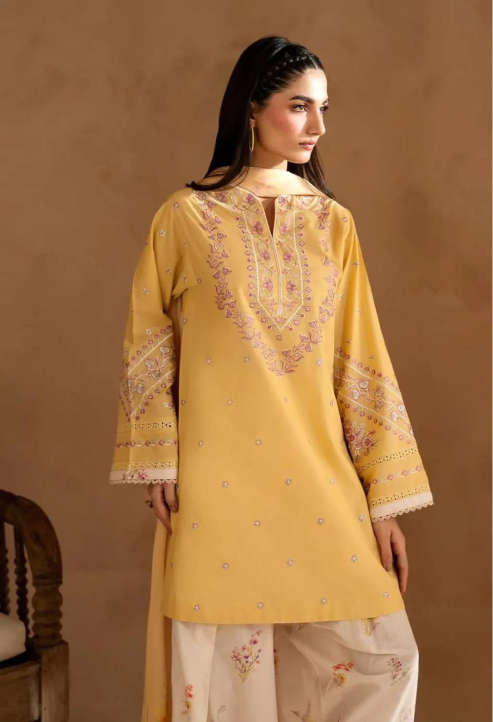Lemon Blossom 3-Piece Embroidered Lawn Suit with Printed Farshi Shalwar - thumbnail 2