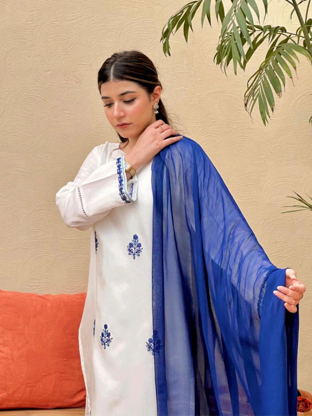 Blue Haze 3pcs  Chaffon Dupatta Cotton - thumbnail 5