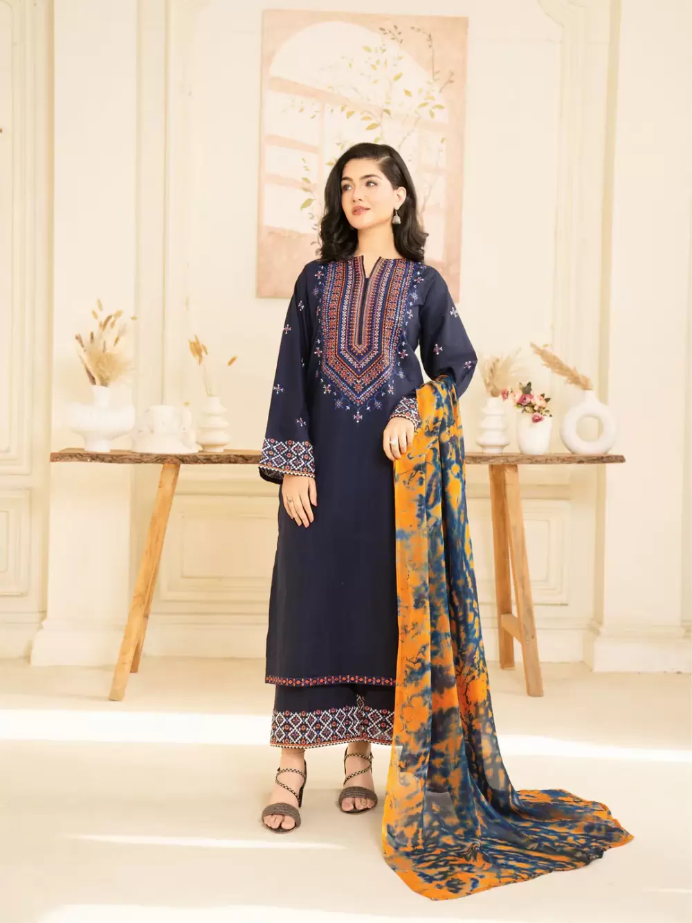 Neel 3-Piece Embroidered Navy Blue Lawn Suit - thumbnail 3