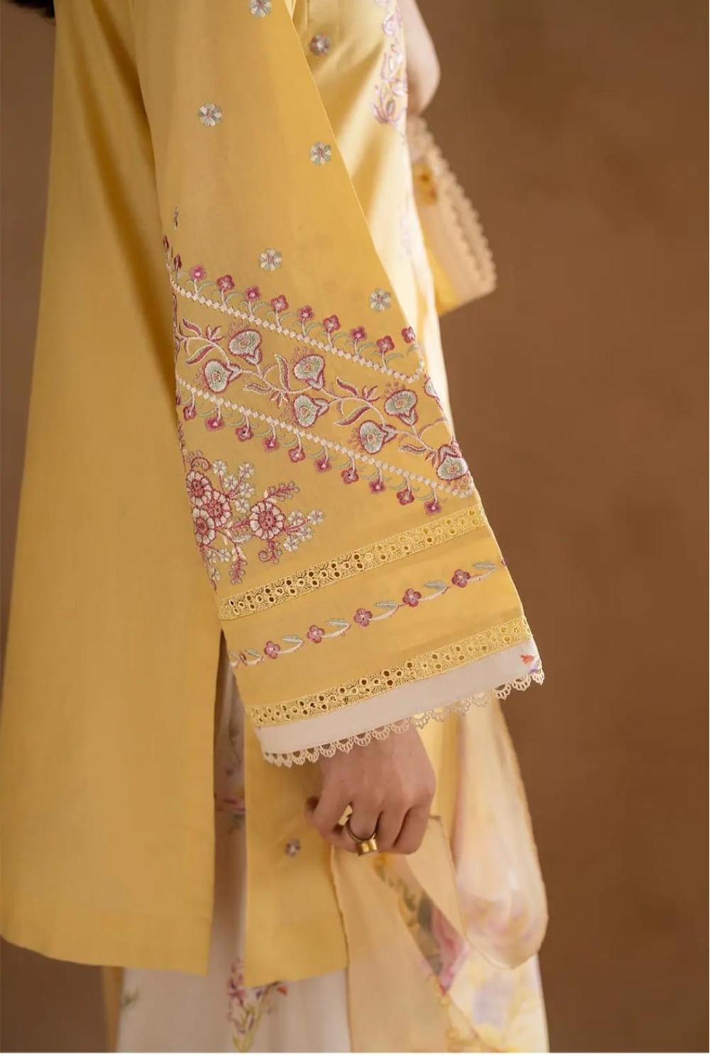Lemon Blossom 3-Piece Embroidered Lawn Suit with Printed Farshi Shalwar - thumbnail 8