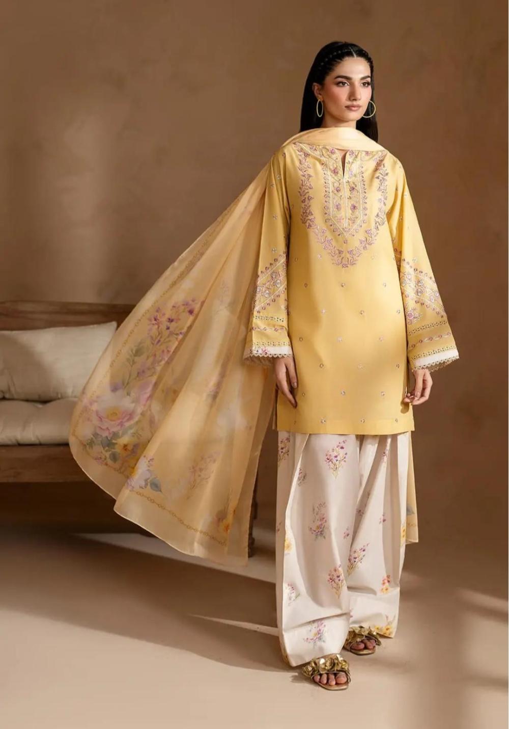 Lemon Blossom 3-Piece Embroidered Lawn Suit with Printed Farshi Shalwar - thumbnail 5