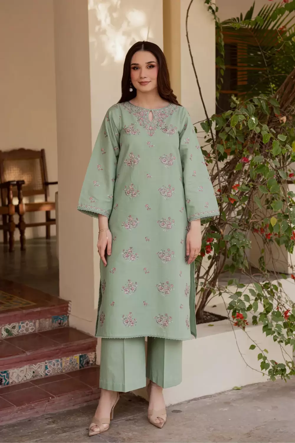 Aroosh Embroidered 2-Piece Sage Green Lawn Suit - thumbnail 3