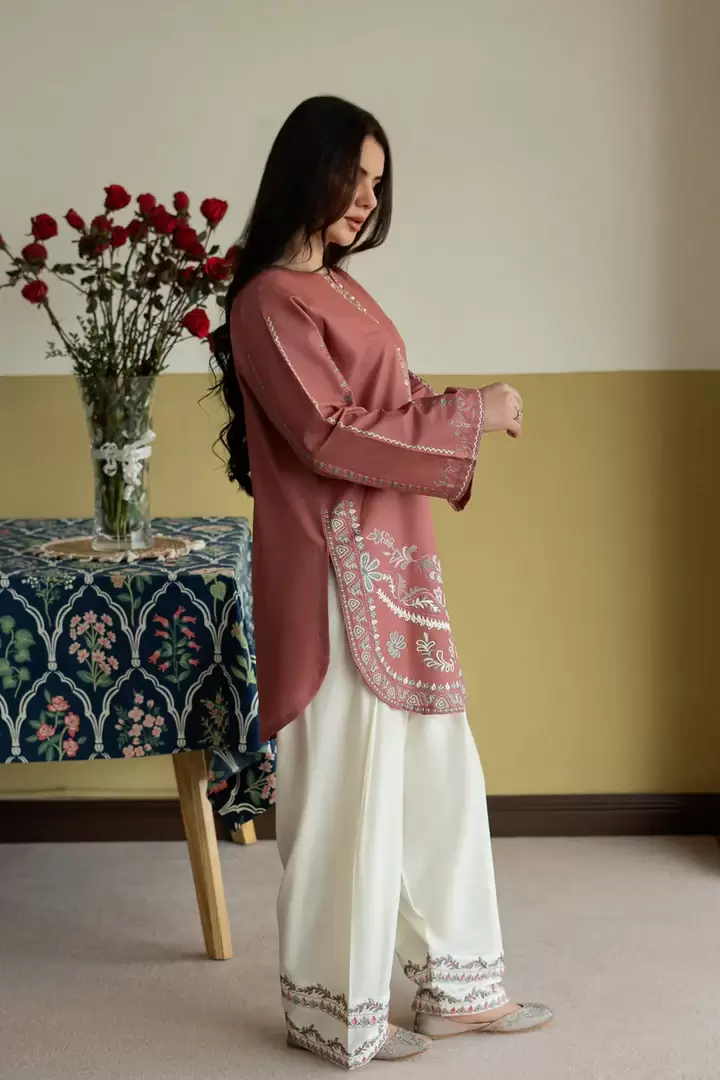 Falak Embroidered 2-Piece Rose & Off-White Lawn Set - thumbnail 2