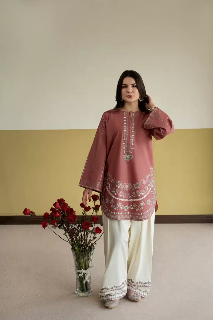 Falak Embroidered 2-Piece Rose & Off-White Lawn Set - thumbnail 5