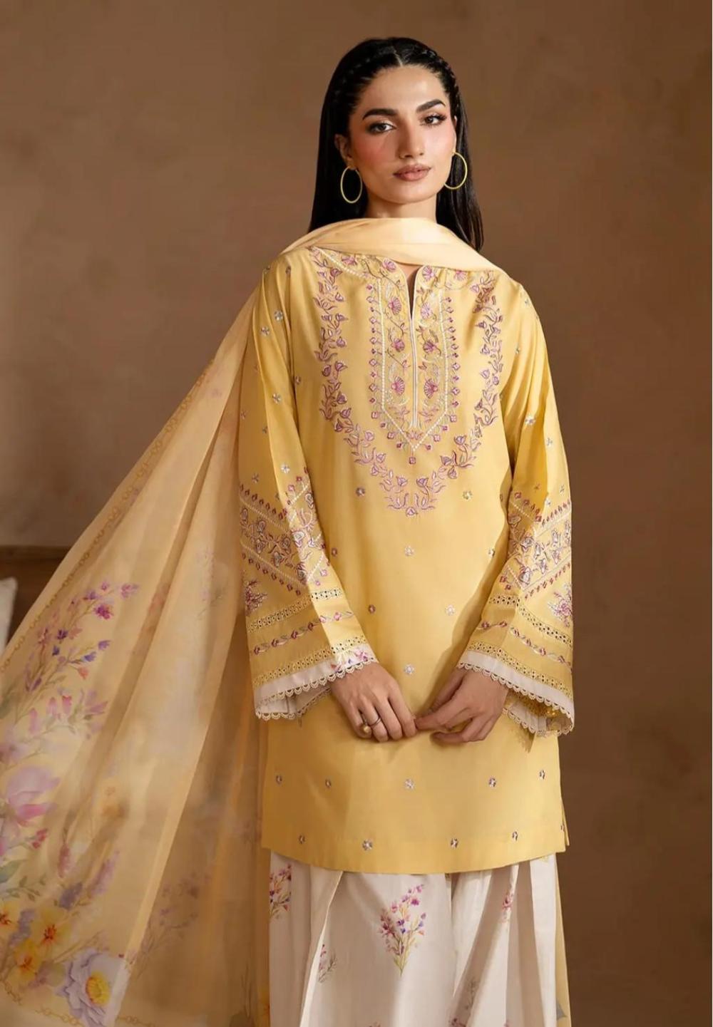 Lemon Blossom 3-Piece Embroidered Lawn Suit with Printed Farshi Shalwar - thumbnail 6