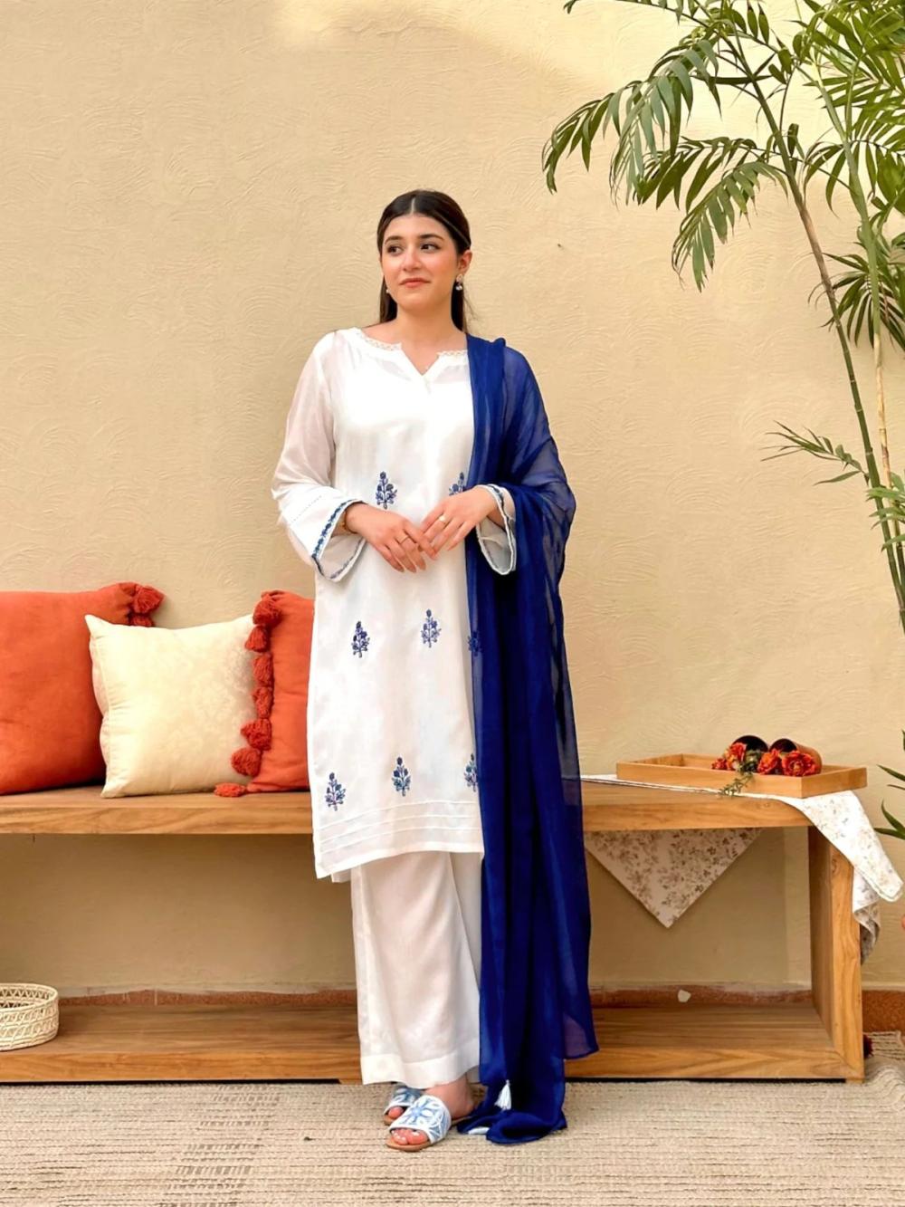 Blue Haze 3pcs  Chaffon Dupatta Cotton - thumbnail 4