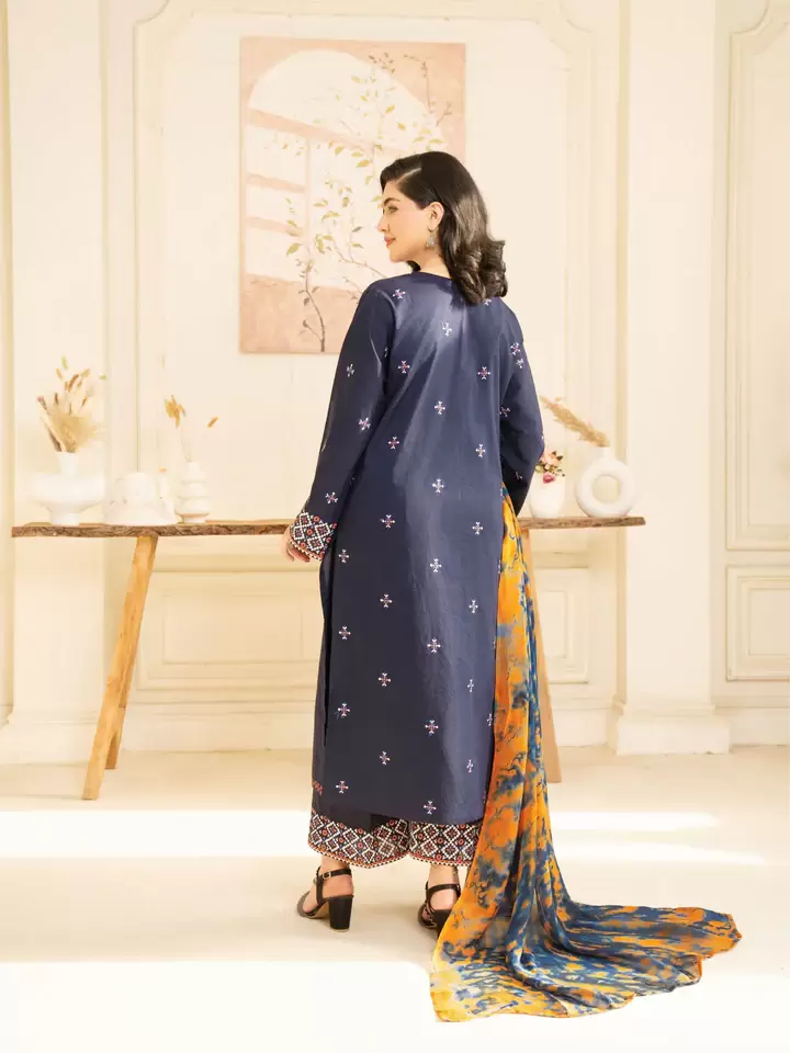 Neel 3-Piece Embroidered Navy Blue Lawn Suit - thumbnail 7