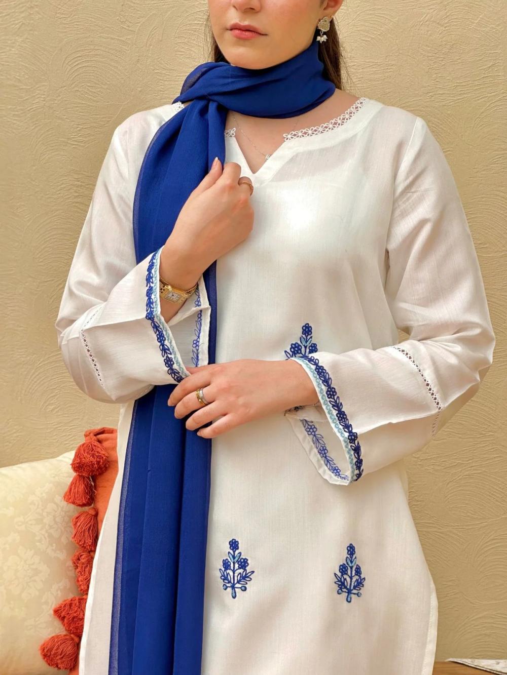 Blue Haze 3pcs  Chaffon Dupatta Cotton - thumbnail 3