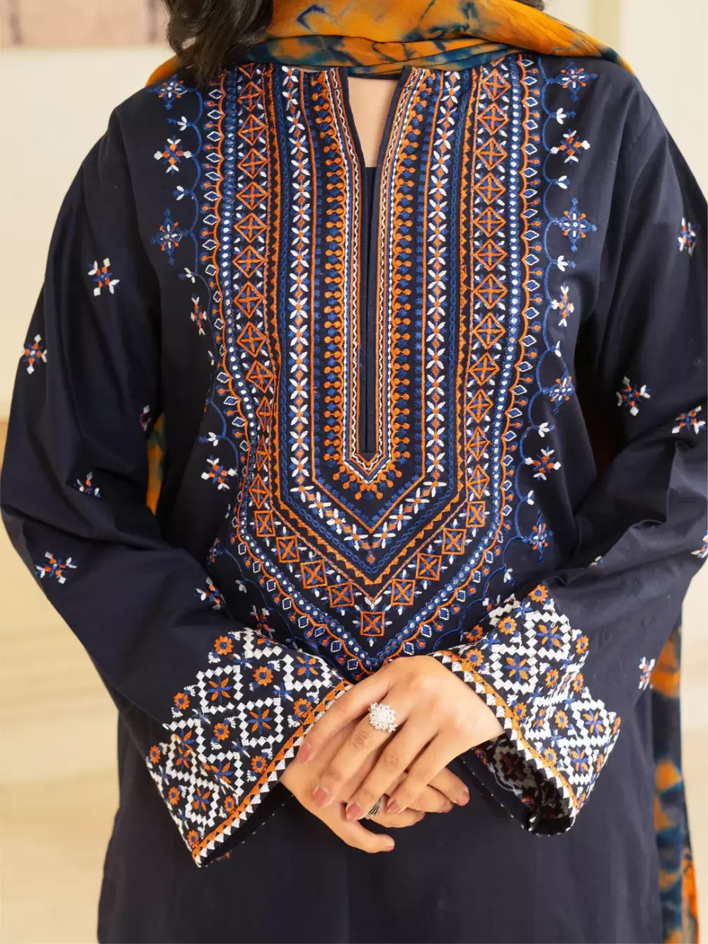 Neel 3-Piece Embroidered Navy Blue Lawn Suit - thumbnail 2