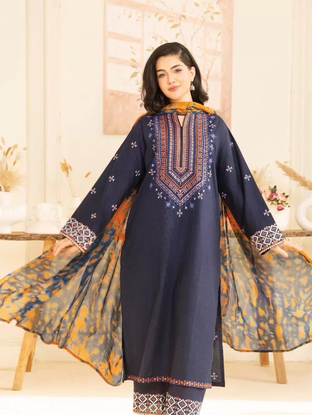 Neel 3-Piece Embroidered Navy Blue Lawn Suit - thumbnail 5