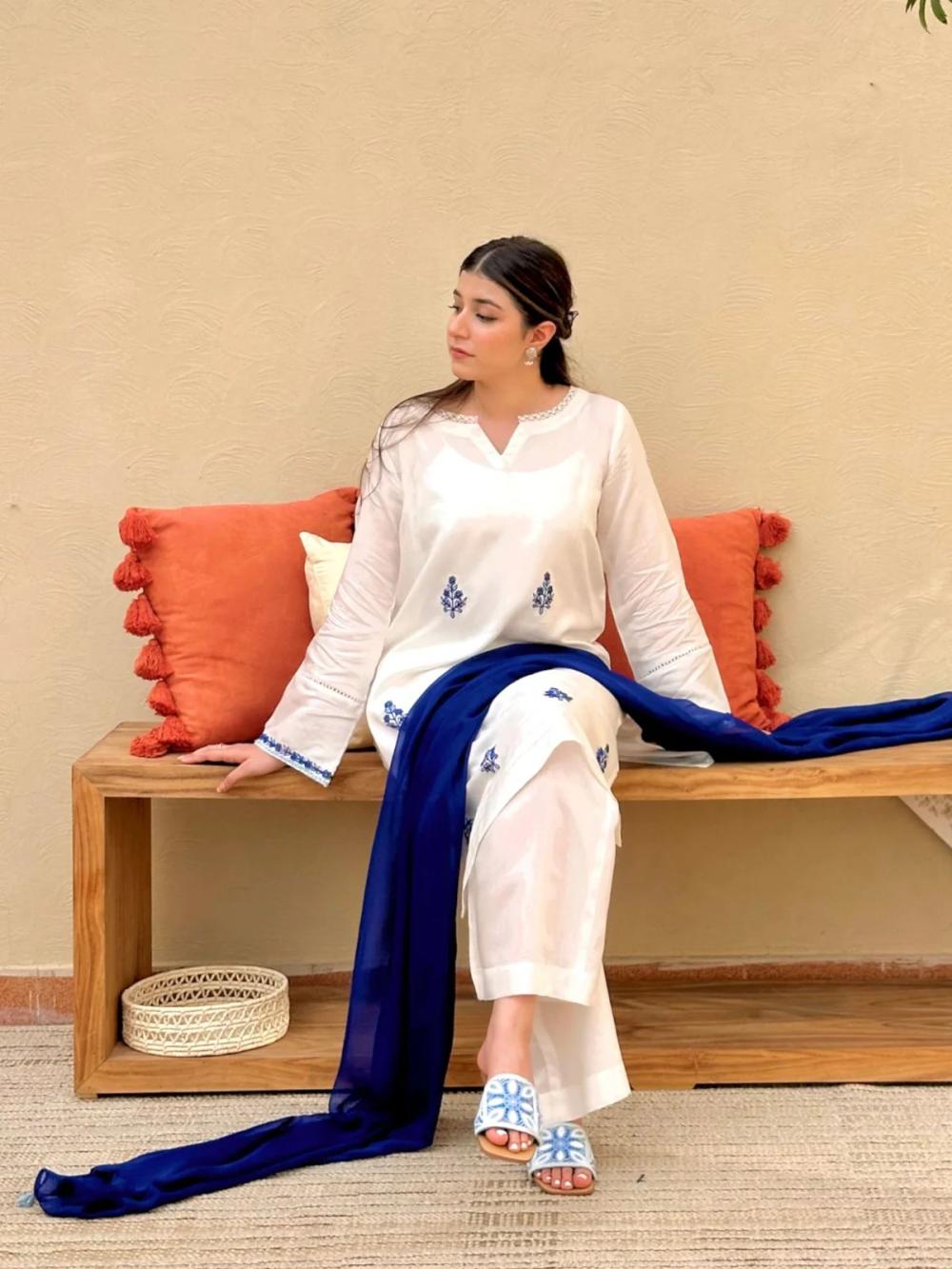 Blue Haze 3pcs  Chaffon Dupatta Cotton - thumbnail 2