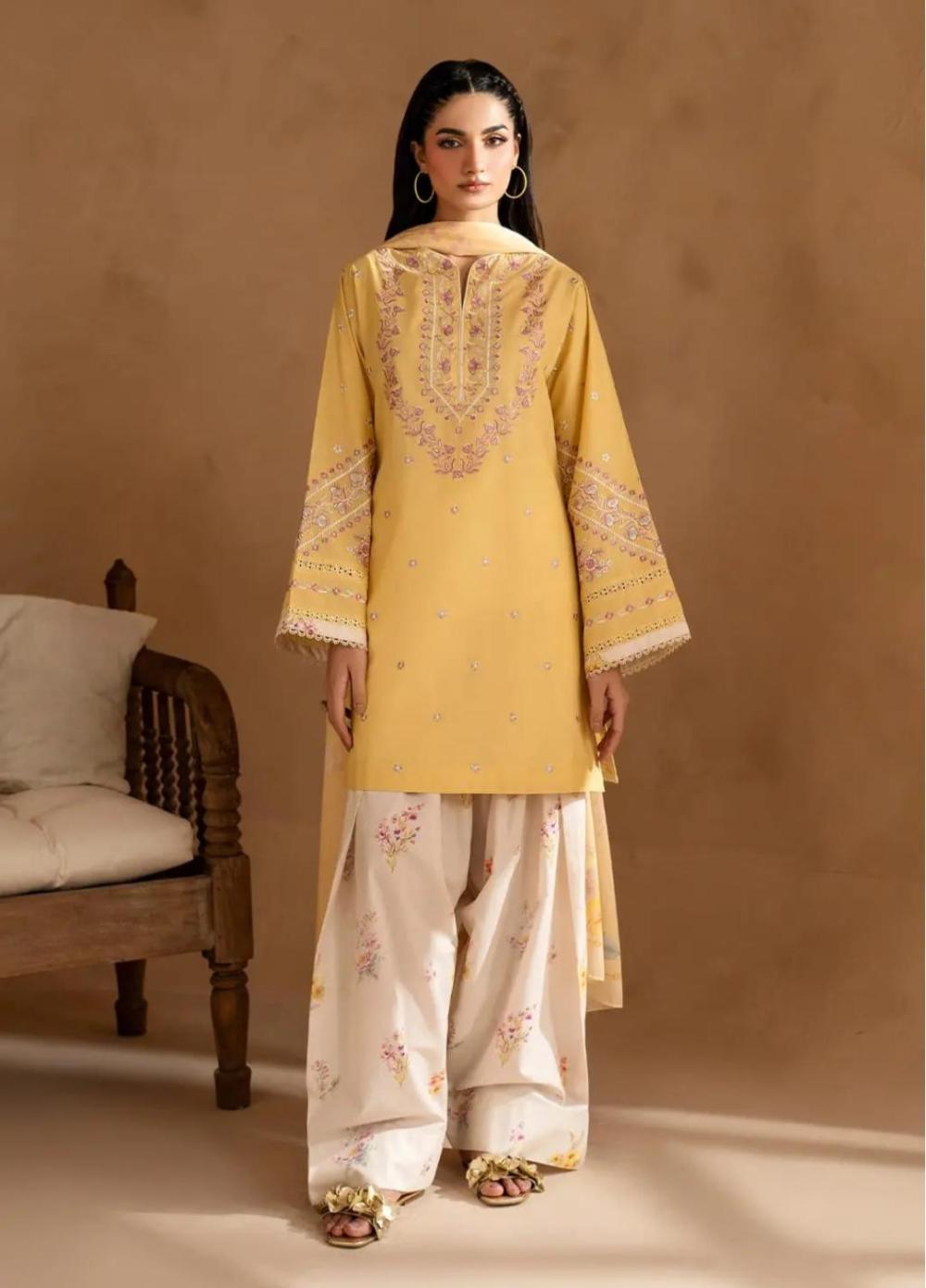 Lemon Blossom 3-Piece Embroidered Lawn Suit with Printed Farshi Shalwar - thumbnail 4